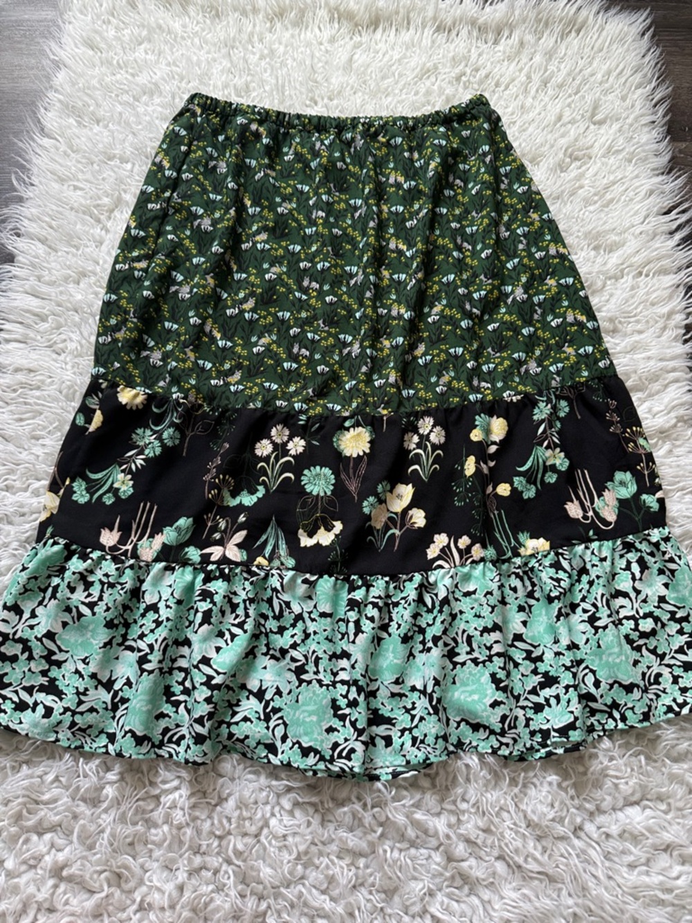 LOFT Green, Black and Mint Floral Tiered Maxi Skirt